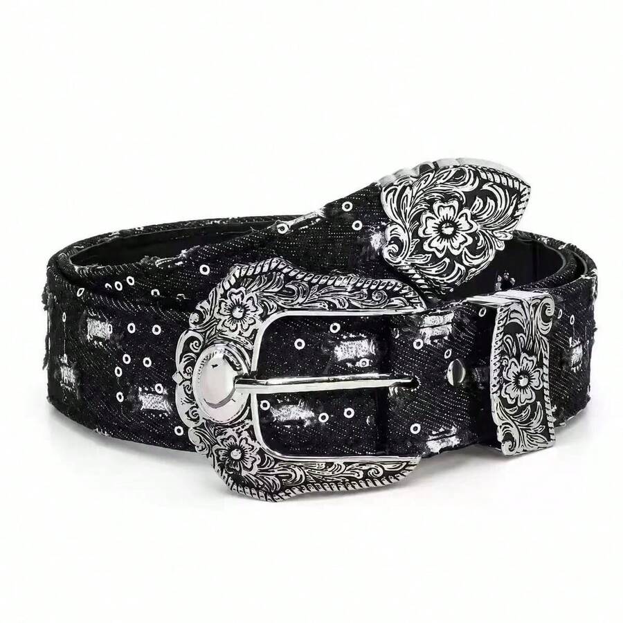1pc Women's Western Cowgirl Heavy Industry Rhinestone Western Style Buckle Y2K Belt Suitable For Daily Party Use - Black - View 1
