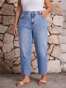 Plus Size Mom Slim Fit Ankle Length Denim Jeans With Pockets And Zipper, Non-Stretch Fabric, Suitable For Daily Wear - Blue - View 4