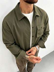 Men's Solid Color Pocket Long Sleeve Jacket With Turn-Down Collar - Army Green - View 2