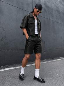 HOMIIE Men's 2 Pieces Set, Black PU Leather Short Sleeve Zipper Short Jacket & Elastic Waist Drawstring Shorts, Flap Pocket Streetwear Back To School Outfit - Black - View 1