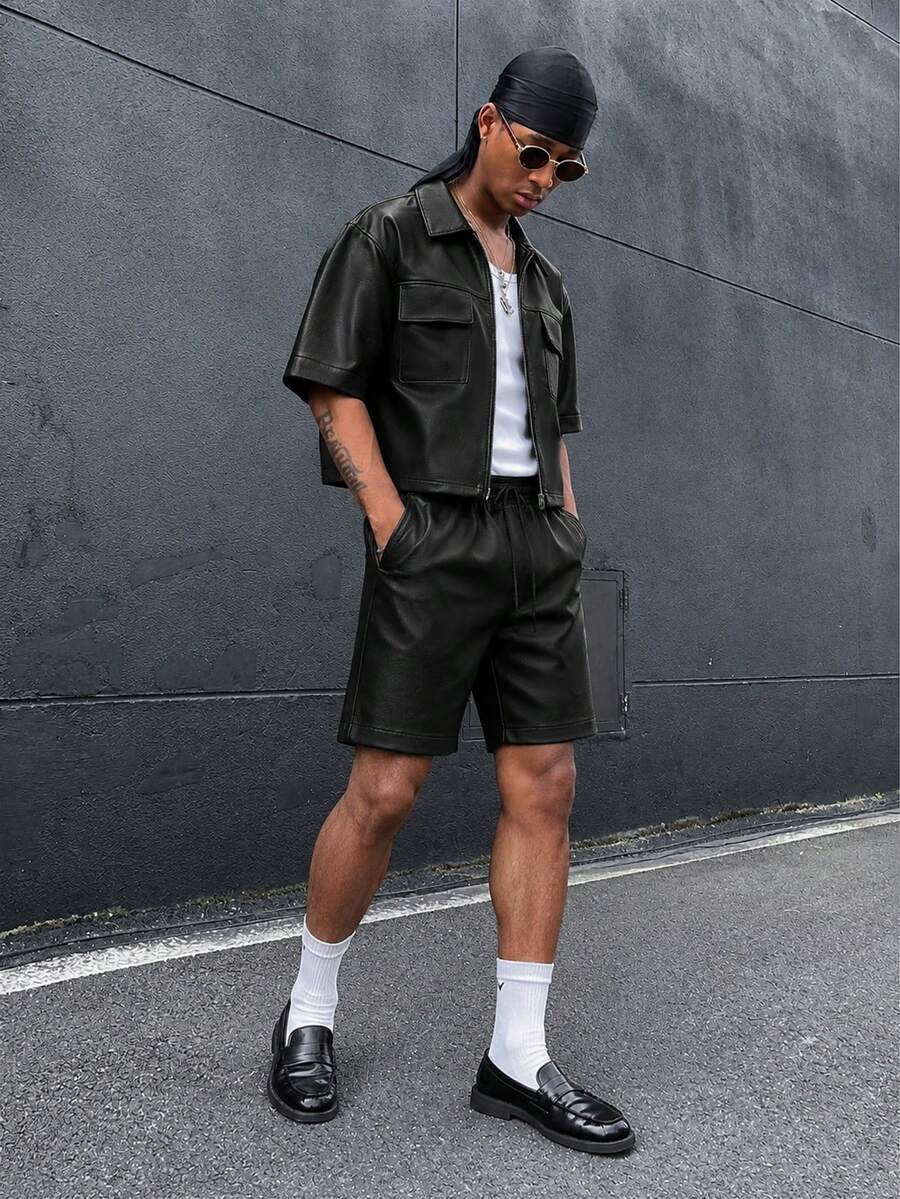 HOMIIE Men's 2 Pieces Set, Black PU Leather Short Sleeve Zipper Short Jacket & Elastic Waist Drawstring Shorts, Flap Pocket Streetwear Back To School Outfit - Black - View 1