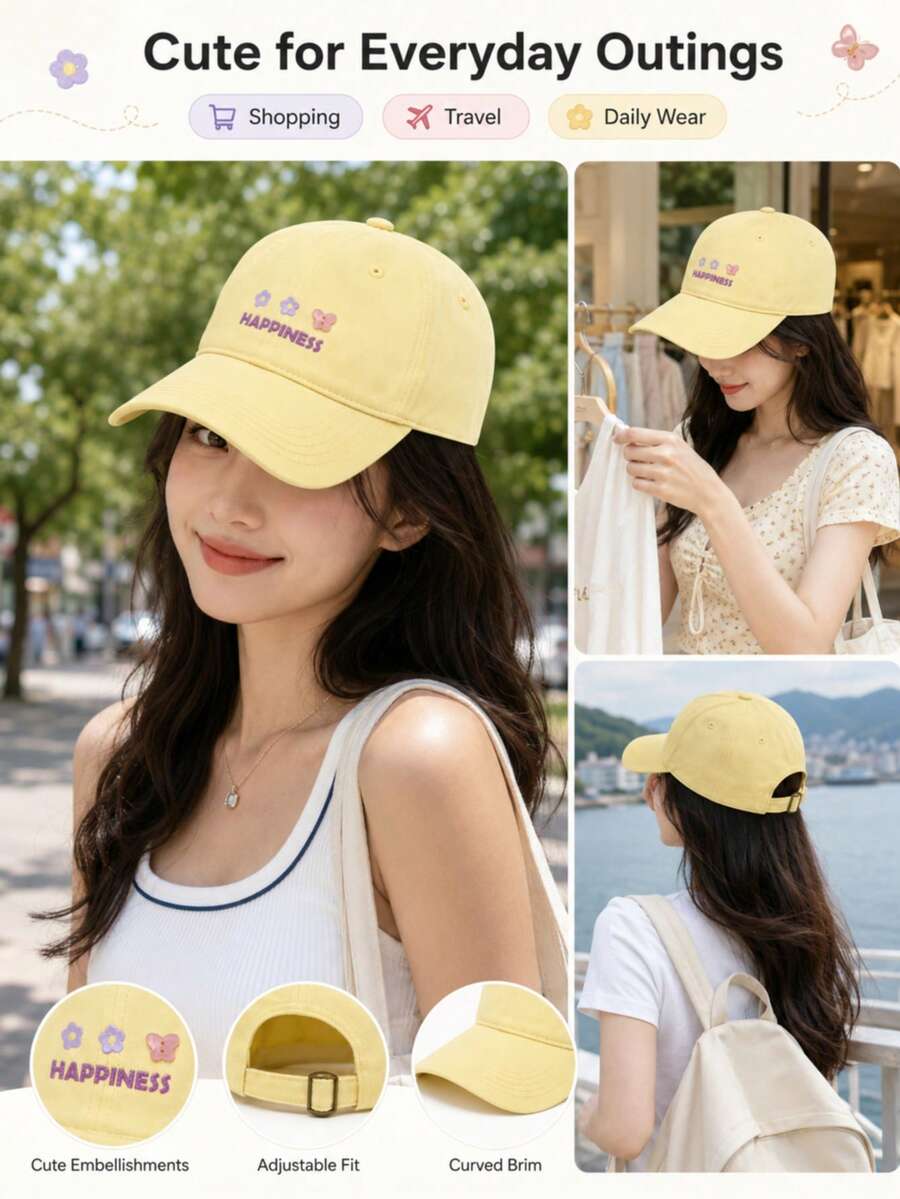 女款可愛花卉與蝴蝶刺繡棒球帽,HAPPINESS字母彎帽簷可調節休閒棒球帽 - A - 查看 1