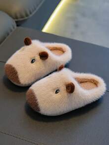 1 Pair Kids Fuzzy Slippers Winter Capybara Design, Suitable For Boys And Girls, New Cute Full-Coverage Baby Plush House Shoes - Beige - View 6