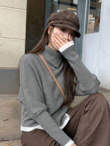 Grey Design Slouchy Asymmetrical Batwing Sleeve High Neck Cape 2 In 1 Sweater Women Autumn/Winter Loose Knit Top - Grey - View 1