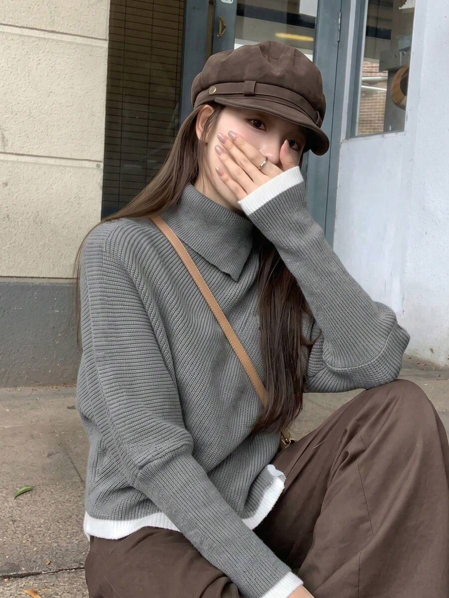 Grey Design Slouchy Asymmetrical Batwing Sleeve High Neck Cape 2 In 1 Sweater Women Autumn/Winter Loose Knit Top - Grey - View 1