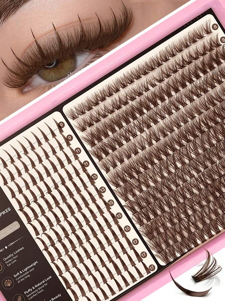 Queenice Mega Capacity Brown Lash Clusters Book, Manga Wispy Spiky Individual False Eyelashes, Mixed Length 8-17mm DIY Eyelash Extensions, Fluffy Natural Volume Lash Fans, Soft Lightweight Reusable Cluster Lashes For Daily Makeup, Party & Beauty Looks - D - View 1