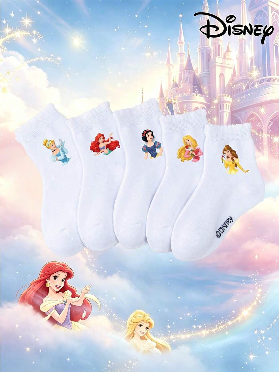 Disney 1/5雙迪士尼公主系列兒童襪,白雪公主/愛麗兒/貝兒/奧蘿拉/灰姑娘卡通印花白色低筒短襪,透氣荷葉邊,男童女童幼兒襪,可愛公主卡通圖案,柔軟舒適防滑,適合學校、玩耍、派對及其他場合,小女孩完美的生日禮物 - 彩色 - 查看 1