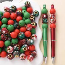 1 Set Red And Green Silicone Beads, Silicone Round Beads Combined With Fabric Large Hole Beads, Used For Keychain, Beaded Pen Making Loose Beads - Multicolor - View 1