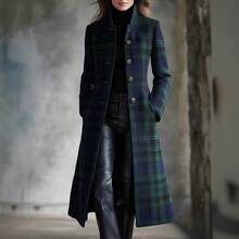 Ladies' Autumn And Winter Scottish Plaid Stand Up Collar Long Coat, Retro Single Breasted Slim Casual Jacket KORTNEY12 - Green - View 3