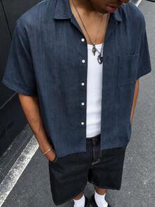HOMIIE Men Navy Blue Boxy Short Sleeve Shirt, Chest Pocket, Button Up Casual Streetwear Top For Spring, Autumn, Daily, Vacation And Back To School - Navy Blue - View 5