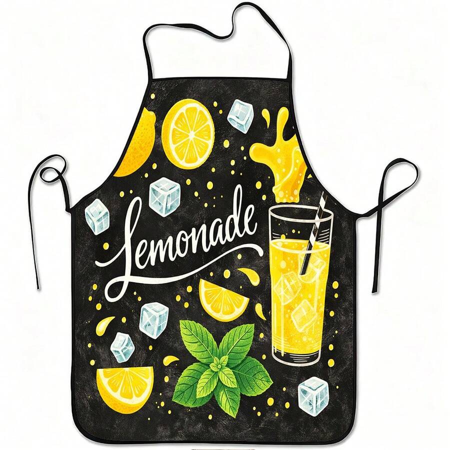 1pc Fun Print Apron, Pattern Of Lemon Soda Ice Cubes And Mint Leaves, Made Of Durable And Easy To Clean Polyester, With Adjustable Waistband, Perfect For Cooking, Gardening, Orchard Picking And Holiday Events