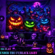 2D Flat - 1pc QD_VIVIOS Halloween Pumpkin Castle Night Scene Print Black Light UV Reactive Fluorescent Wall Tapestry Bedroom Decor Dorm Decor - Multicolor - View 5