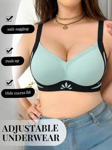 1pc Seamless Colorblock Lift-Up Plus Size Wire-Free Push-Up Anti-Sagging Side-Smoothing Bra, European And American Style - Green - View 1