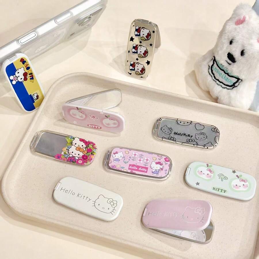 SANRIO 卡通可愛動物黏貼式化妝鏡手機支架,可折疊鏡子,支援橫向與縱向使用,輕巧便攜桌面支撐架,適合觀看影片,可貼背使用 - 彩色 - 查看 1