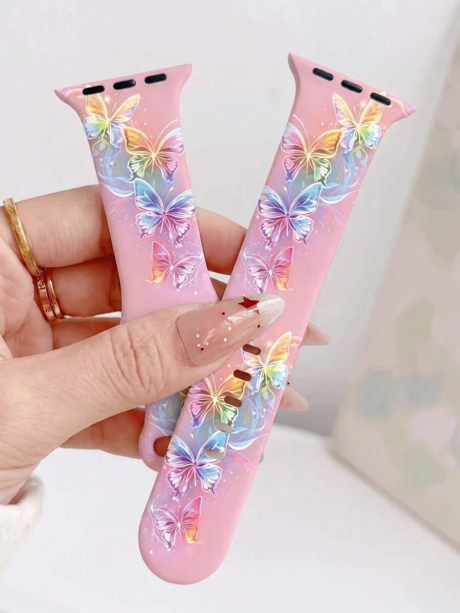 1pc Cute Pink Butterfly Silicone Strap, Compatible With Apple Watch Band 38/40/41/42/44/45/46/49mm 1-11 Series, Women Fashion Replacement Strap - Butterfly Style Pink - View 1