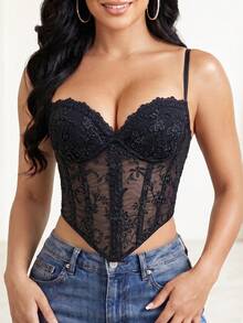 1pc Floral Lace Mesh Corset Style Spaghetti Strap Crop Top, Full Bust Support, Lace Corset, Suitable For Nightclub Outfits - Black - View 1