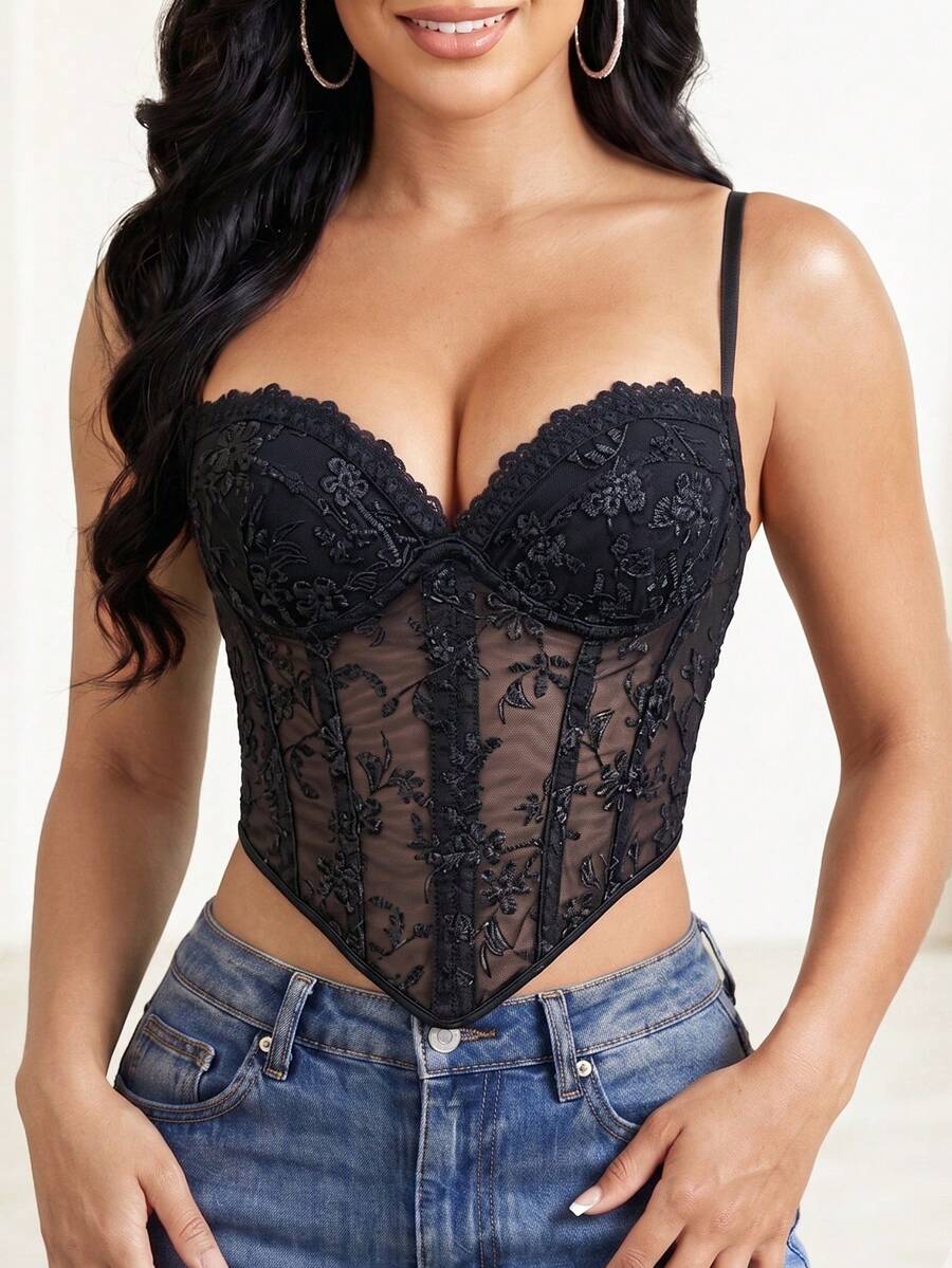 1pc Floral Lace Mesh Corset Style Spaghetti Strap Crop Top, Full Bust Support, Lace Corset, Suitable For Nightclub Outfits - Black - View 1