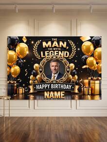 1pc - Customized Happy Birthday Backdrop, Customized Black & Gold Theme Printed Poster - Personalized Birthday Party Customized Photo And Name Poster - Suitable For Party Decorations, Birthday Gifts, Gallery Decor And Photo Props, Party Decorations, Unique Personalized Background Photography And Display, Party Decorations, Multi-Functional, Durable, Highly Decorative, Summer Holiday - Multicolor - View 2
