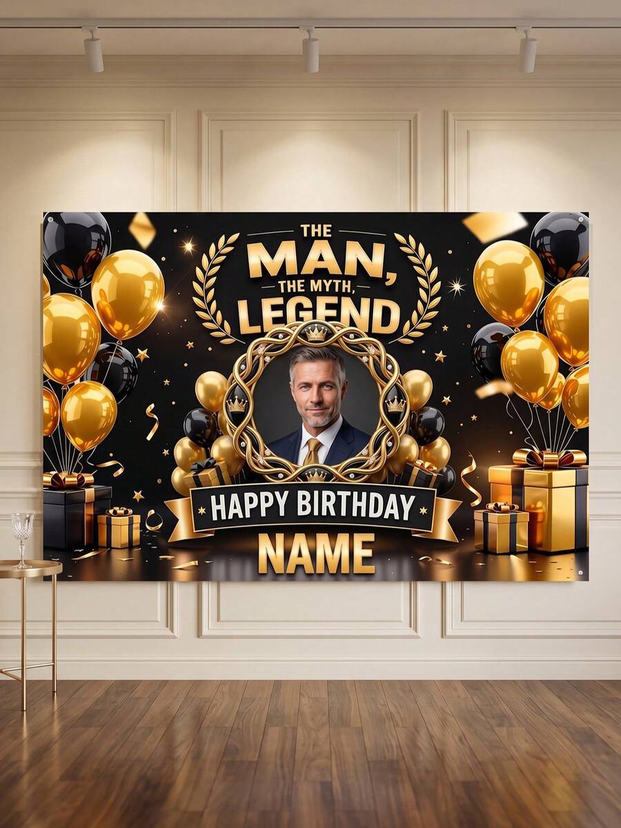 1pc - Customized Happy Birthday Backdrop, Customized Black & Gold Theme Printed Poster - Personalized Birthday Party Customized Photo And Name Poster - Suitable For Party Decorations, Birthday Gifts, Gallery Decor And Photo Props, Party Decorations, Unique Personalized Background Photography And Display, Party Decorations, Multi-Functional, Durable, Highly Decorative, Summer Holiday