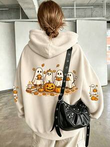 Women's Cute Halloween Ghost Pumpkin Pattern Hooded Long Sleeve Pullover Sweatshirt, Perfect Choice For Comfortable Autumn Women's Wear. Printed Pattern Sweatshirt, Plus Size Women's Casual Autumn/Winter Long Sleeve Pocket Hooded Sweatshirt, Suitable For Winter Holiday Outfits, Beach Outfits, Vacation Outfits, Autumn Outfits, Halloween Outfits, Christmas Outfits, New Year Outfits. Suitable For Daily Wear, Going Out Tops, Outings, Holidays, Beach, Parties, Birthdays, Beach, Gatherings, School, Music Festivals, Vacations, Commuting. - Apricot - View 2