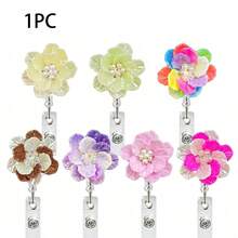 1pc 3D Pearl Crystal Flower Core Retractable Rotating Badge Reel With Crocodile Clip, ID Card Holder Gift - Multicolor - View 6