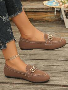 極簡奢華女款金屬扣圓頭一腳蹬樂福鞋,深棕色紋理平底鞋,易穿著柔軟舒適日常通勤開車莫卡辛鞋 - 深棕色 - 查看 4
