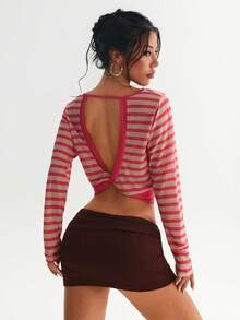 Women's Striped Colorblock Boat Neck Casual Versatile Daily Commute Sports Long Sleeve Cropped Top Pink - Pink - View 3