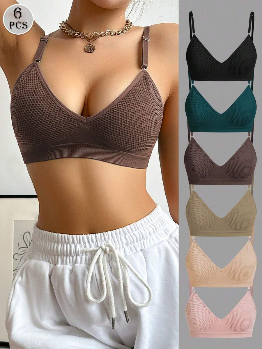 Conjunto de 6 piezas de sujetadores invisibles inalámbricos, ropa interior deportiva multicolor con cierre trasero, sujetadores sin costuras y cómodos para el ejercicio diario. - Blanco - Ver 1