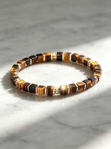 1pc "Wealth-Attracting" Tiger Eye Energy Stone Bracelet, Meaningful Good Luck Amulet Men's Jewelry Gift - Multicolor - View 4