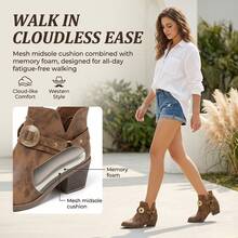 Light Brown Embroidered Western Style Ankle Boots With Strap Buckle, Convertible Detachable Design, Chunky Mid Heel, Round Toe, Comfortable Versatile Elegant Street Fashion Office Commute Daily All-Season Low-Top Boots - Brown - View 4