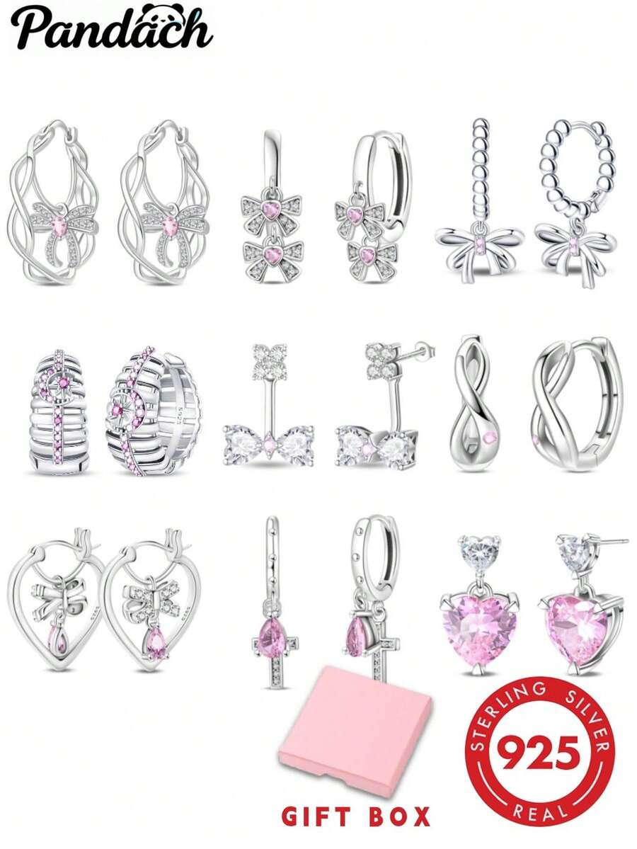 1 Pair S925 Sterling Silver Earrings, Original Bow Heart Zirconia Design, Pink Diamond Inlaid Luxury Style, Versatile For Daily Commute, Hypoallergenic Material, Showcases Sweet And Gentle Elegant, Suitable For Various Occasions, Creates An Elegant Look. - Multicolor - View 1