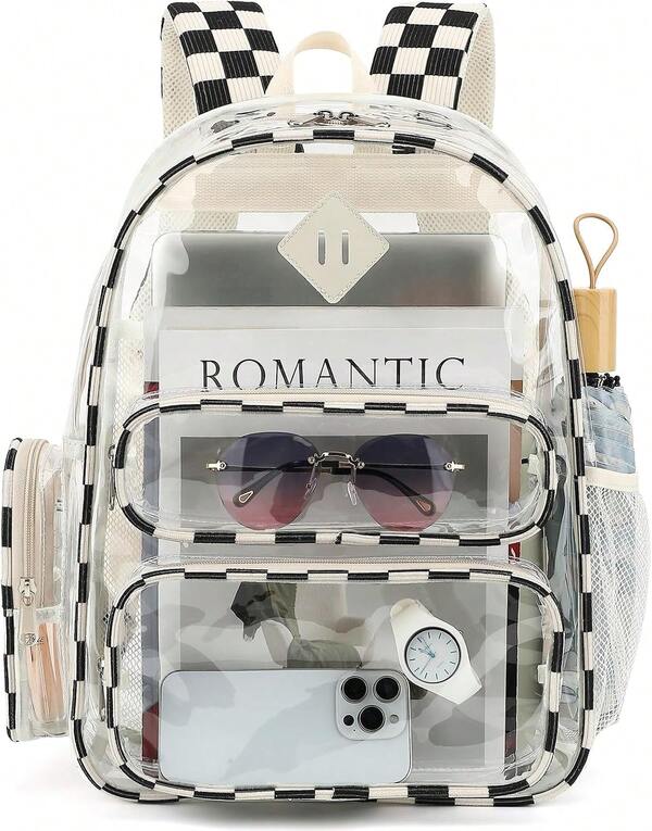 Stadium Approved Clear Backpack, Transparent See Through Bookbag For School, College, Travel & Concert Security, For Women And Teens (Corduroy Floral Blue)