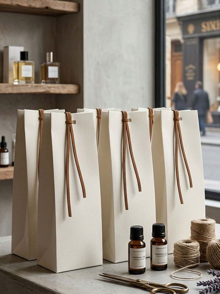 50/20pcs Portable Kraft Paper Gift Bags With Leather Ribbon Handles, Suitable For Wine Bottles, Party Favors, Weddings, Birthdays, Holiday Gift Packaging Decoration, Aesthetic Shopping Bags - Multicolor - View 1