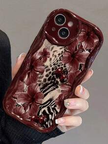 Floral Painted Cream Wavy Edge Burgundy Flat Print Anti-Drop Fashion Cute Phone Case, Compatible With IPhone 17/17 Pro/17 Pro Max/16/16 Pro/16 Pro Max/16 Plus/10/14/15, P14 Thickened P13 Soft Shell P12 Full Coverage P11 Anti-Drop Creative Phone Case - Multicolor - View 5