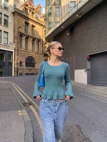 Women's Ribbed Knit Ruffle Trim Top, Square Neck Ruffle Hem Long Sleeve Sweater, With Ruffle Details, Slim Fit Cropped Length For Height Proportion, Suitable For Commute, Date, Daily Wear, Street, Coffee Shop Date, Inner Layer, Autumn/Winter Single Wear Base Layer - Mint Blue - View 6
