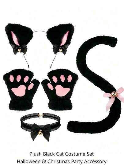 5pcs Valentine's Day Cute Cat Cosplay Set, Includes Cat Ear Headband, Cat Paw Gloves, Bell Collar, Plush Cat Tail, Halloween Cosplay, Christmas Party Japanese Style Cosplay Props