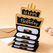 1 Set/4 Sets Pink & Black Glitter Birthday Money Pull Card, Cake-Shaped Foldable Cash Gift Box, Birthday Party Surprise Money Pull Greeting Card Gift Supplies - Multicolor - View 2
