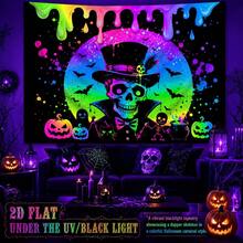 2D Flat, 1pc QD_VIVIOS Halloween Skeleton And Pumpkin Pattern Fluorescent Art Tapestry, UV Fluorescent Reactive Wall Hanging, Bedroom Decor - Multicolor - View 1