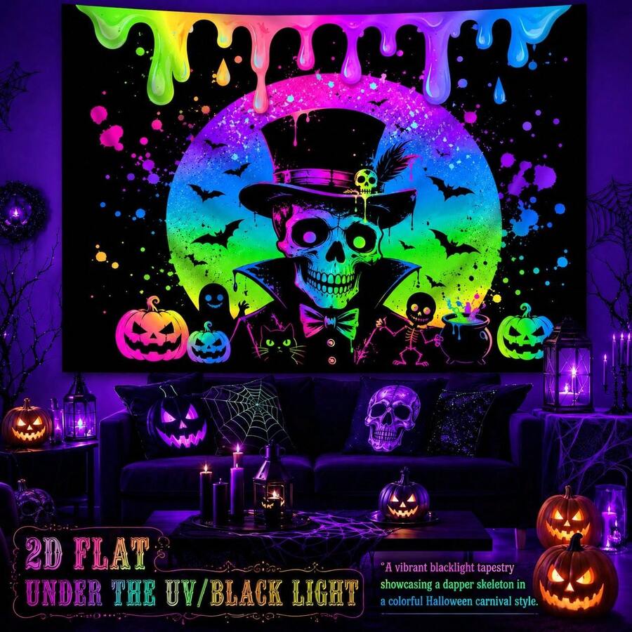 2D Flat, 1pc QD_VIVIOS Halloween Skeleton And Pumpkin Pattern Fluorescent Art Tapestry, UV Fluorescent Reactive Wall Hanging, Bedroom Decor - Multicolor - View 1