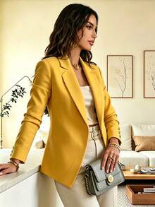 Women's Elegant Fashion Commuter Yellow Regular Fit Lapel Long Sleeve Button-Up Knit Blazer Jacket With Button Details - Yellow - View 3