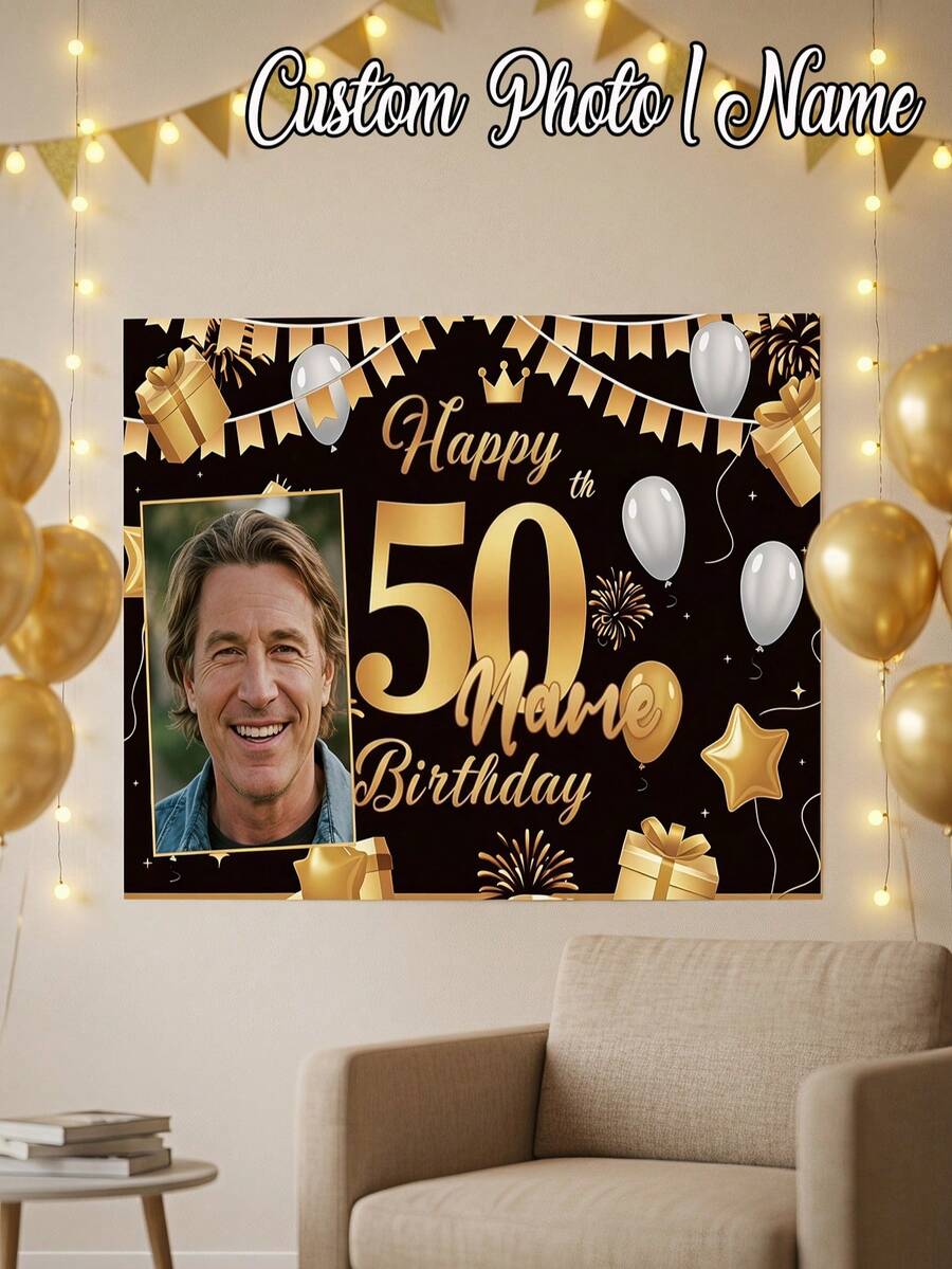 1pc - Customized Happy Birthday Backdrop, Customized Black & Gold Theme Printed Poster - Personalized Birthday Party Customized Photo And Name Poster - Suitable For Party Decoration Supplies, Birthday Gifts, Gallery Decor And Photo Props, Party Decoration, Unique Personalized Background Photography And Display, Party Decoration, Multi-Functional, Durable, Highly Decorative, Summer Holiday - Multicolor - View 1