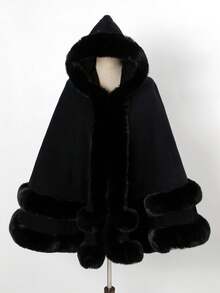 1PC Acrylic Knitted Fabric European And American Autumn And Winter New Faux Rabbit Fur Collar Hooded Hem Fringed Shawl Cape Extended Coat - Multicolor - View 14