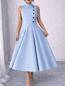 Elegant Sleeveless High Neck Midi Dress For Women, Side Button Detail, Chic Casual And Party Tailored Dress - azul bebe - 查看 6