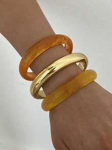 3/1pc Vintage Minimalist Casual Style Women's Round Plain Gold CCB And Yellow Acrylic Bracelet, Suitable For Daily Wear And Summer Beach Vacation, Stackable, Perfect Gift For Holidays - Yellow - View 3