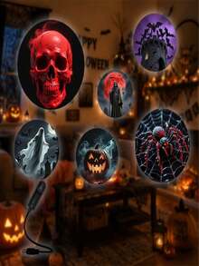 7pcs USB Halloween Projection Lights, LED Scary Atmosphere Lights, USB Powered, Interchangeable Scary Patterns - Ghost, Witch, Skeleton, Spider, Bat And Pumpkin - Plug And Play, Suitable For Home Decor, Halloween Decoration, Party Decoration And Room Decor - Halloween USB Projector Light 2 - View 3