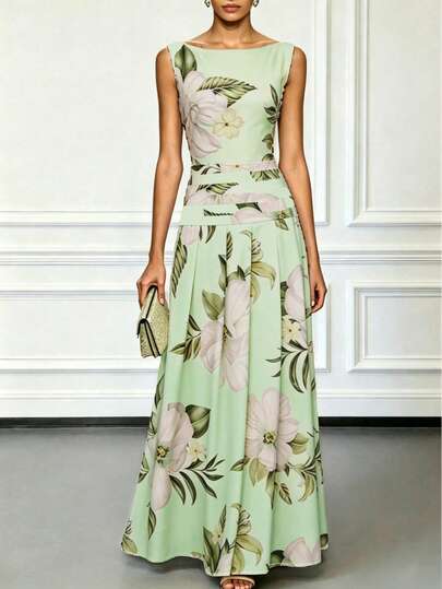 Summer Elegant Blue Floral Sleeveless Maxi Dress For Women, Off-The-Shoulder A-Line Party Wedding Guest Prom Evening Gown Graduation Vacation Fall