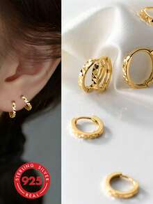 1 Pair S925 Sterling Silver Minimalist Fashion Niche Design Asymmetrical Geometric Faceted Hoop Earrings For Women, Daily Commute Versatile Classic Elegant Personalized Round Earrings, Light Luxury High-End Ins Cold Style Gentle Elegant - Ring - View 7