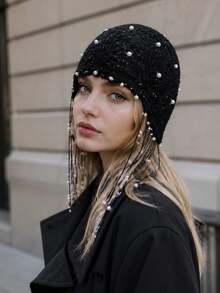 1pc Women's Spring Summer Autumn Knitted Hat, Vintage Handmade Hollow Crochet Pearl Tassel Beanie, Atmospheric Versatile Knitted Hat, Niche Personalized Lace Hat, Suitable For Outfit, Photography, Travel, Daily Use - Beanie - View 3