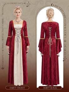 Vintage Renaissance Medieval Court Style Gold Velvet Lace-Up Waist Dress, Stage Performance Costume - Red - View 5