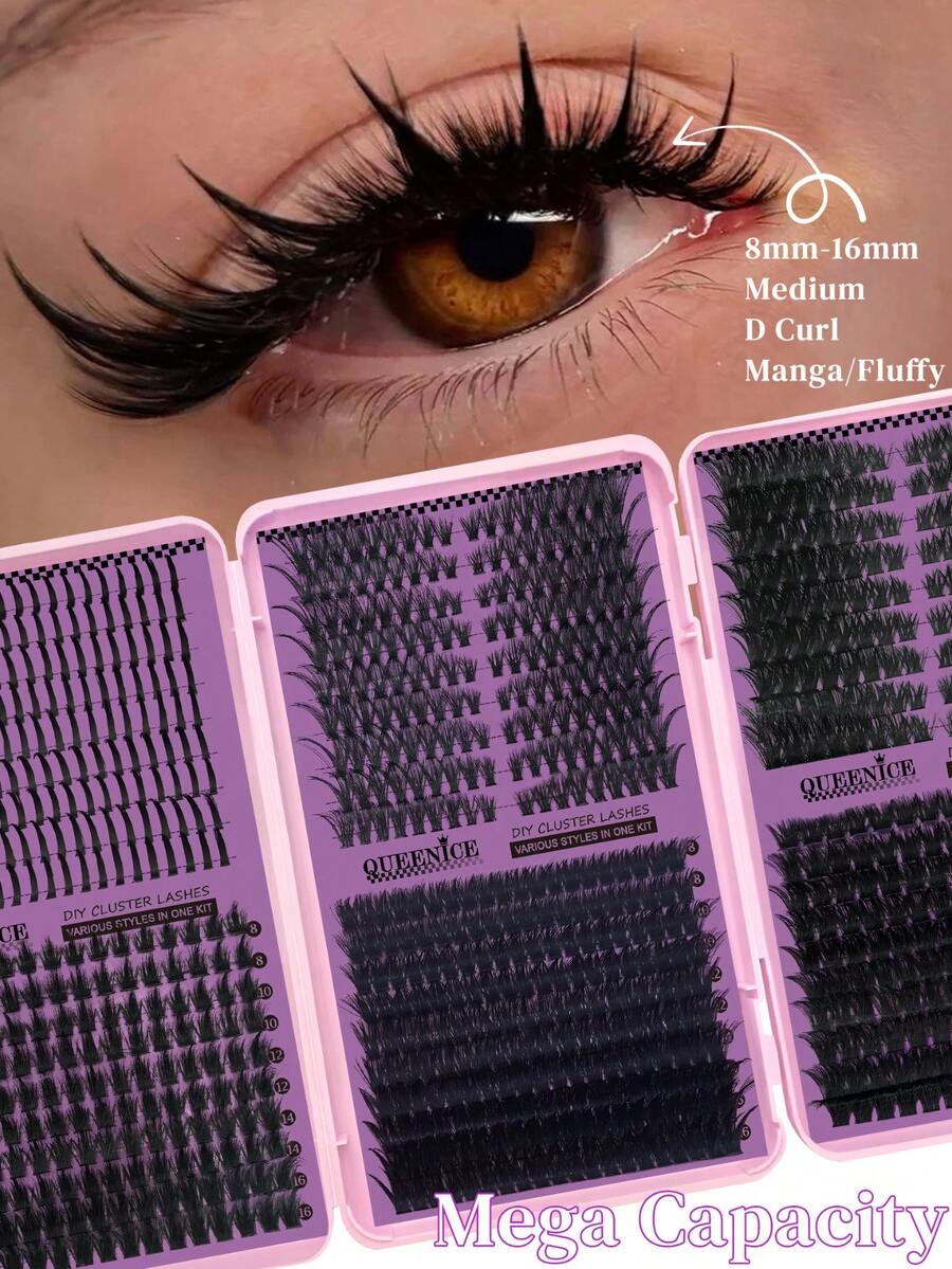 Queenice Mega Capacity Individual Lash Clusters, Single Box DIY Eyelash Extensions, Manga Wispy Spiky False Eyelashes 8-16mm Mixed Length D Curl, Fluffy Volume Lash Fans, Soft Lightweight Reusable Cluster Lashes For Daily Makeup, Party And Special Occasions - D - View 1
